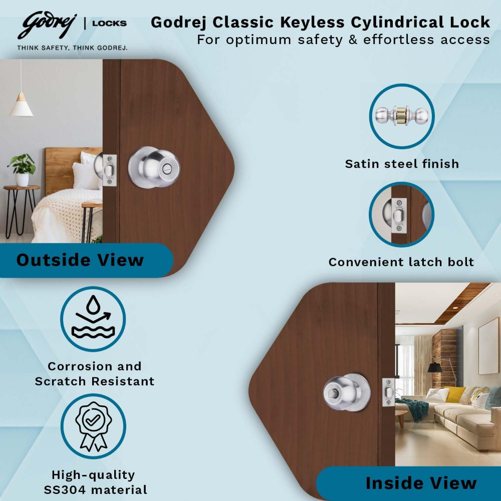 Godrej Locking Solutions and Systems Classic Keyless Cylindrical Lock Stainless Steel Finish 5805 (Bathroom Lock Without Key)